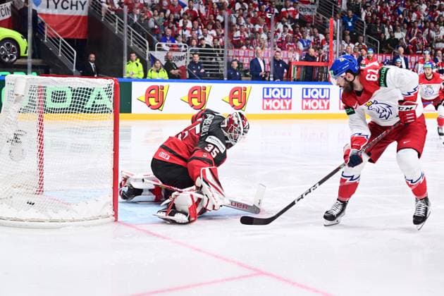 Goalie of Canada Samuel Montembeault receives goal from Czech Martin Kaut during the IIHF Ice hockey, Eishockey World Championship, WM, Weltmeisterschaft Group B match Czech Republic vs Canada, in Riga, Latvia, May 23, 2023. (CTKxPhoto DavidxTanecek) CTKPhotoP2023052306412  CTKPhotoP2023052306412