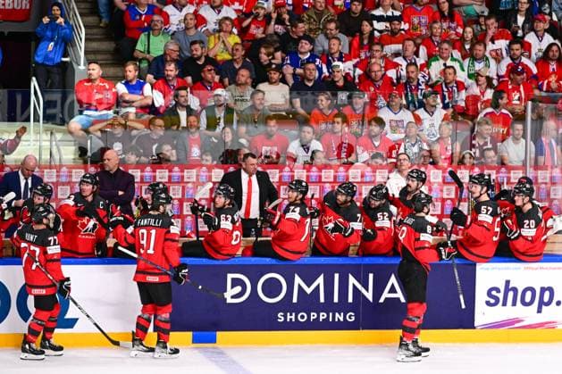 Hockey players of Canada celebrate goal during the IIHF Ice hockey, Eishockey World Championship, WM, Weltmeisterschaft Group B match Czech Republic vs Canada, in Riga, Latvia, May 23, 2023. (CTKxPhoto DavidxTanecek) CTKPhotoP2023052306316  CTKPhotoP2023052306316