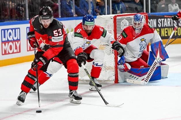 RIGA, LATVIA MAY 23 Michael Carcone of Canada defends the puck against Michal Kempny of Czech Republic during the 2023 IIHF Ice Hockey World Championship Finland Latvia game between Canada and Czech Republic at Arena Riga on May 23, 2023 in Riga, Latvia Riga Arena Riga Latvia  Copyright: xJustPictures.ch AndreaxBrancax