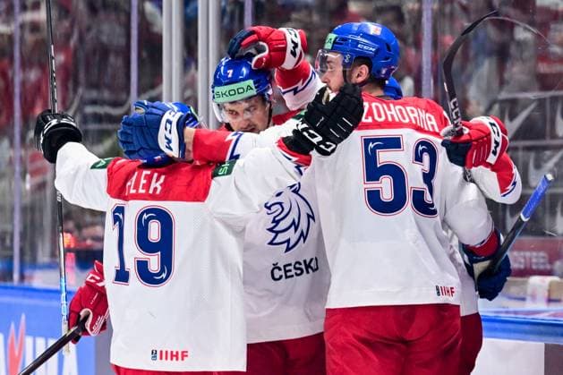 From left Jakub Flek, Tomas Dvorak, Radim Zohorna of Czech Republic celebrate goal during the IIHF Ice hockey, Eishockey World Championship, WM, Weltmeisterschaft Group B match Czech Republic vs Canada, in Riga, Latvia, May 23, 2023. (CTKxPhoto DavidxTanecek) CTKPhotoP2023052306754  CTKPhotoP2023052306754