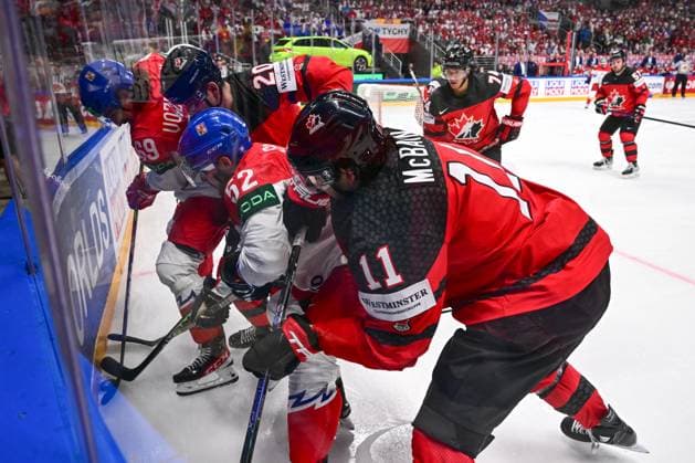 From left Czech Daniel Vozenilek, Justin Barron of Canada, Czech Michael Spacek, Jack McBain of Canada in action during the IIHF Ice hockey, Eishockey World Championship, WM, Weltmeisterschaft Group B match Czech Republic vs Canada, in Riga, Latvia, May 23, 2023. (CTKxPhoto DavidxTanecek) CTKPhotoP2023052306789 CTKPhotoP2023052306789