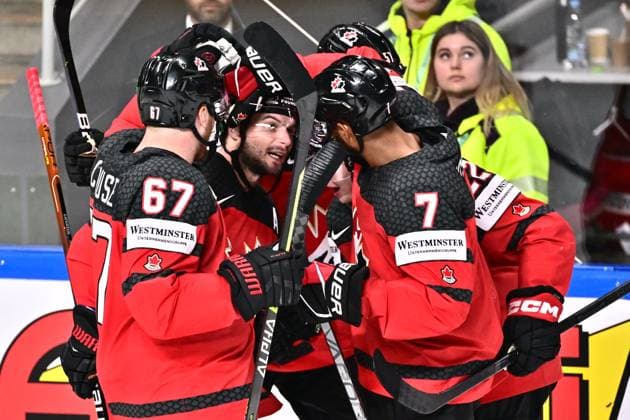 Hockey players of Canada celebrate goal during the IIHF Ice hockey, Eishockey World Championship, WM, Weltmeisterschaft Group B match Czech Republic vs Canada, in Riga, Latvia, May 23, 2023. (CTKxPhoto DavidxTanecek) CTKPhotoP2023052306984  CTKPhotoP2023052306984