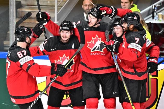 Hockey players of Canada celebrate goal during the IIHF Ice hockey, Eishockey World Championship, WM, Weltmeisterschaft Group B match Czech Republic vs Canada, in Riga, Latvia, May 23, 2023. (CTKxPhoto DavidxTanecek) CTKPhotoP2023052307000  CTKPhotoP2023052307000