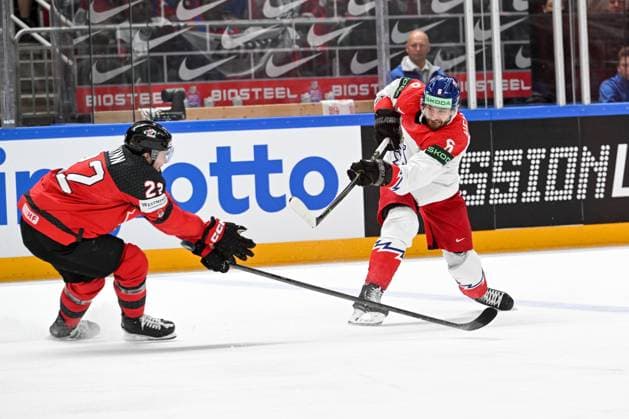RIGA, LATVIA MAY 23 Michal Kempny of Czech Republic shoots the puck during the 2023 IIHF Ice Hockey World Championship Finland Latvia game between Canada and Czech Republic at Arena Riga on May 23, 2023 in Riga, Latvia Riga Arena Riga Latvia  Copyright: xJustPictures.ch AndreaxBrancax