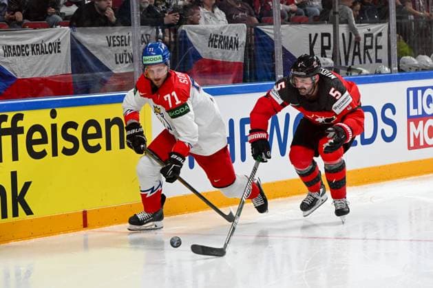 RIGA, LATVIA MAY 23 Vladimir Sobotka of Czech Republic battles for the puck against Jacob Middleton of Canada during the 2023 IIHF Ice Hockey World Championship Finland Latvia game between Canada and Czech Republic at Arena Riga on May 23, 2023 in Riga, Latvia Riga Arena Riga Latvia  Copyright: xJustPictures.ch AndreaxBrancax