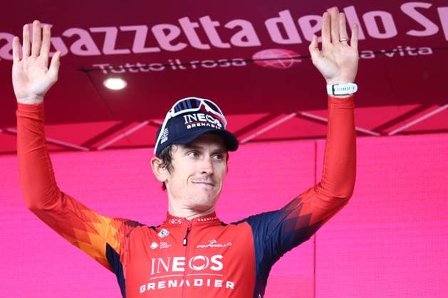 23rd May 2023, Monte Bondone, Italy; Giro d Italia - UCI Cycling Race Tour of Italy 2023, Stage 16th 203 km from Sabbio Chiese to Monte Bondone. INEOS Grenadiers s British rider Geraint Thomas celebrates the overall leader s pink jersey;  ActionPlus12513395 PierrexTeyssot
