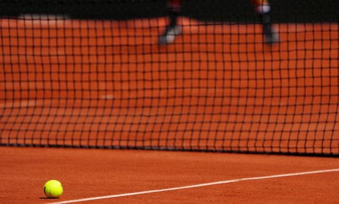 Mandatory Credit: Photo by Javier Garcia Shutterstock (13924795ai) A ball on the clay court during Wednesday practice French Open Tennis, Wednesday Qualifying and Previews, Roland Garros, Paris, France - 24 May 2023 French Open Tennis, Wednesday Qualifying and Previews, Roland Garros, Paris, France - 24 May 2023  Copyright: xJavierxGarcia Shutterstockx 13924795ai