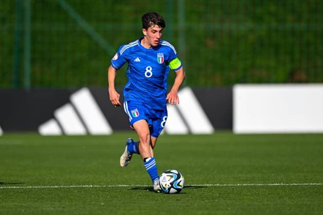 Italy U17, U 17 ¢& x80;& x99;s Mattia Mannini during the qualifying phase Under-17 Championship Hungary 2023 soccer match Italy U17 vs. Slovenia U17 at the Globall Football Park stadium in Telki, Hungary, 24th of May 2023  Copyright: xVinnyxOrlando LiveMediax xipa-agx xLivexMediax 0 IPA_IPA38190038