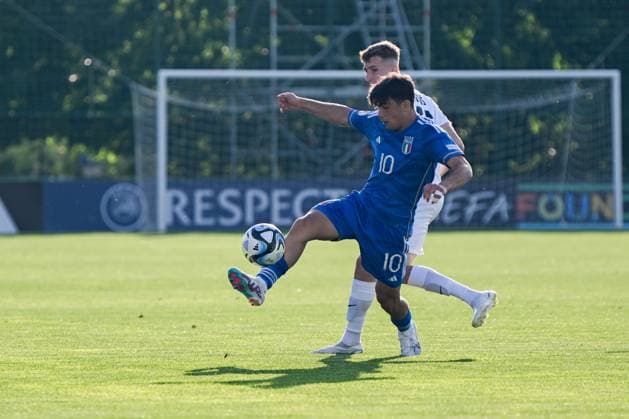 Italy U17, U 17 ¢& x80;& x99;s Marco Romano in action during the qualifying phase Under-17 Championship Hungary 2023 soccer match Italy U17 vs. Slovenia U17 at the Globall Football Park stadium in Telki, Hungary, 24th of May 2023  Copyright: xVinnyxOrlando LiveMediax xipa-agx xLivexMediax 0 IPA_IPA38190181