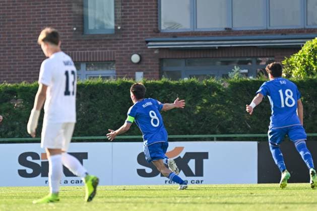 Happiness of Italy U17, U 17 ¢& x80;& x99;s Mattia Mannini after his. 3rd goal during the qualifying phase Under-17 Championship Hungary 2023 soccer match Italy U17 vs. Slovenia U17 at the Globall Football Park stadium in Telki, Hungary, 24th of May 2023  Copyright: xVinnyxOrlando LiveMediax xipa-agx xLivexMediax 0 IPA_IPA38190499