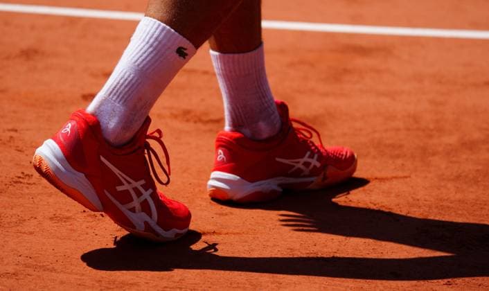 Mandatory Credit: Photo by Javier Garcia Shutterstock (13924802by) The Asics tennis shoes of Novak Djokovic as he practices on Philippe Chatrier Court French Open Tennis, Wednesday Qualifying and Previews, Roland Garros, Paris, France - 25 May 2023 French Open Tennis, Wednesday Qualifying and Previews, Roland Garros, Paris, France - 25 May 2023  Copyright: xJavierxGarcia Shutterstockx 13924802by
