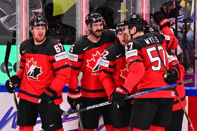Canadian players celebrate first goal (1:0) in action during the quarter-final match Canada vs Finland, within the IIHF Ice hockey, Eishockey World Championship, WM, Weltmeisterschaft on May 24, 2023, in Tampere, Finland. (CTKxPhoto DavidxTanecek) CTKPhotoP2023052509193  CTKPhotoP2023052509193