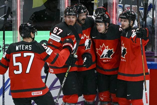 Players of Canada celebrating 1-0 goal by Jack Quinn (2nd right) during the 2023 IIHF Ice hockey, Eishockey World Championships quarterfinal match between Canada and Finland in Tampere on May 25, 2023. Tampere Finland LKFTJK20230525202920TGEY  Copyright: xJussixNukarix LKFTJK20230525202920TGEY