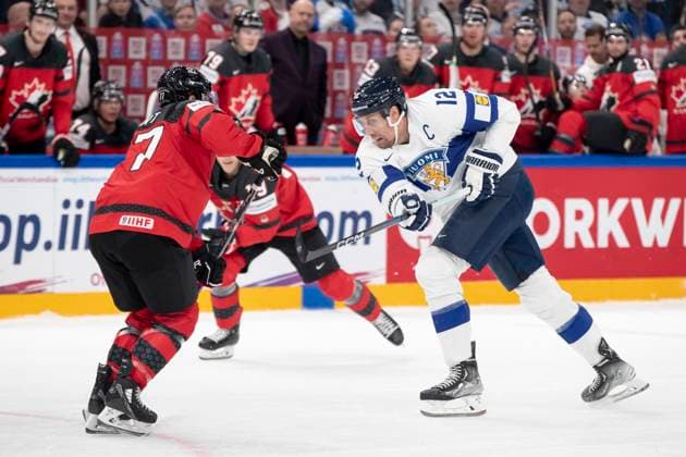 Pierre-Olivier Joseph 7, CAN and Marko Anttila 12, FIN during the 2023 IIHF Ice hockey, Eishockey World Championship, WM, Weltmeisterschaft Group A match between Canada and Finland at the Nokia Arena on 25. May 2023 in Tampere, Finland. (Tomi Hänninen Newspix24)  Copyright: xTomixHänninenx np24251857968