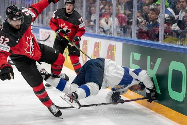 Mackenzie Weegar 52, CAN and Mikko Rantanen 96, FIN during the 2023 IIHF Ice hockey, Eishockey World Championship, WM, Weltmeisterschaft Group A match between Canada and Finland at the Nokia Arena on 25. May 2023 in Tampere, Finland. (Tomi Hänninen Newspix24)  Copyright: xTomixHänninenx np24251857963
