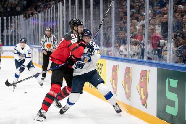 Tyler Myers 57, CAN and Antti Suomela, FIN during the 2023 IIHF Ice hockey, Eishockey World Championship, WM, Weltmeisterschaft Group A match between Canada and Finland at the Nokia Arena on 25. May 2023 in Tampere, Finland. (Tomi Hänninen Newspix24)  Copyright: xTomixHänninenx np24251857949