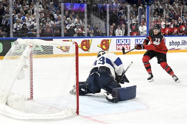 Goalkeeper Emil Larmi of Finland lets in a shot from Samuel Blais (79) of Canada during the 2023 IIHF Ice hockey, Eishockey World Championships quarterfinal match between Canada and Finland in Tampere on May 25, 2023. Tampere Finland LKFTJK20230525212830RQRS  Copyright: xEmmixKorhonenx LKFTJK20230525212830RQRS