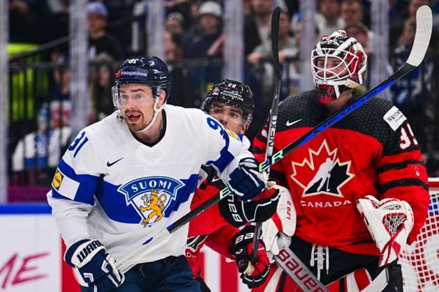 L-R Juho Lammikko (FIN), Justin Barron (CAN) and goalkeeper Samuel Montembeault (CAN) in action during the quarter-final match Canada vs Finland, within the IIHF Ice hockey, Eishockey World Championship, WM, Weltmeisterschaft on May 24, 2023, in Tampere, Finland. (CTKxPhoto DavidxTanecek) CTKPhotoP2023052509990  CTKPhotoP2023052509990