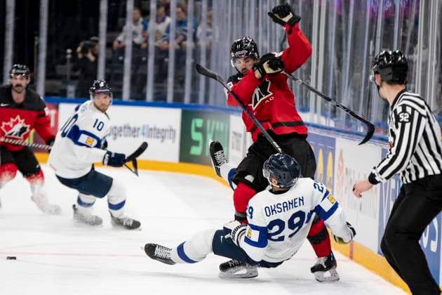 Jack Mcbain 11, CAN and Ahti Oksanen 29, FIN during the 2023 IIHF Ice hockey, Eishockey World Championship, WM, Weltmeisterschaft Group A match between Canada and Finland at the Nokia Arena on 25. May 2023 in Tampere, Finland. (Tomi Hänninen Newspix24)  Copyright: xTomixHänninenx np24251957974