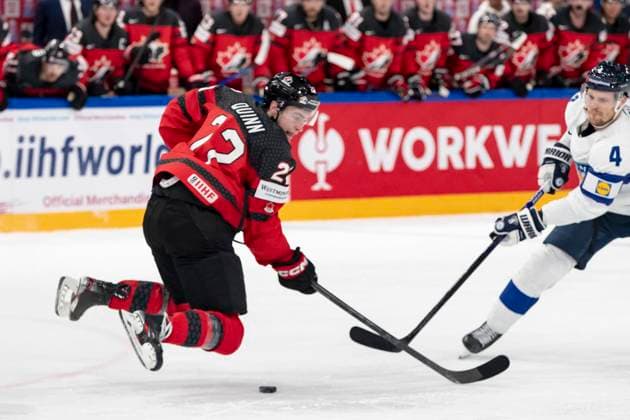 Jack Quinn 22, CAN and Mikko Lehtonen 4, FIN during the 2023 IIHF Ice hockey, Eishockey World Championship, WM, Weltmeisterschaft Group A match between Canada and Finland at the Nokia Arena on 25. May 2023 in Tampere, Finland. (Tomi Hänninen Newspix24)  Copyright: xTomixHänninenx np24251957975