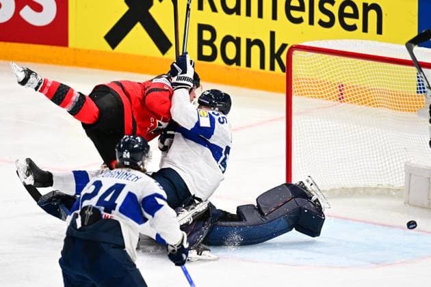 Third Canadian goal (3:0) in Finnish net is seen during the quarter-final match Canada vs Finland, within the IIHF Ice hockey, Eishockey World Championship, WM, Weltmeisterschaft on May 24, 2023, in Tampere, Finland. (CTKxPhoto DavidxTanecek) CTKPhotoP2023052510124  CTKPhotoP2023052510124
