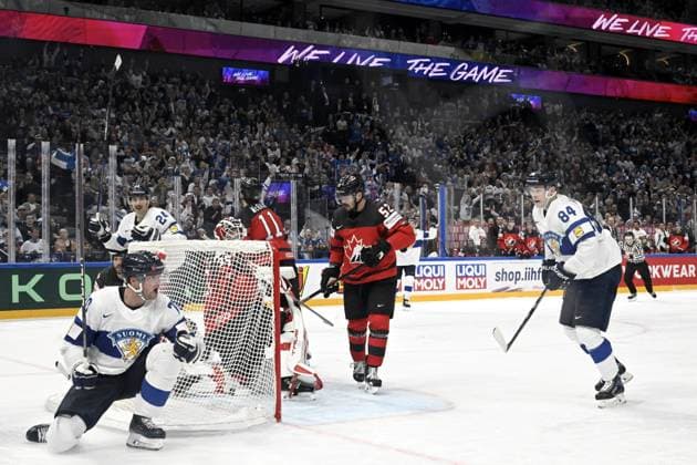 Teemu Hartikainen (L) of Finland celebrates his goal behind goalkeeper Samuel Montembeault of Canada during the 2023 IIHF Ice hockey, Eishockey World Championships quarterfinal match between Canada and Finland in Tampere on May 25, 2023. Behind the goal Hannes Björninen of Finland, right Finland s Kaapo Kakko. Tampere Finland LKFTJK20230525223108CIPB  Copyright: xEmmixKorhonenx LKFTJK20230525223108CIPB