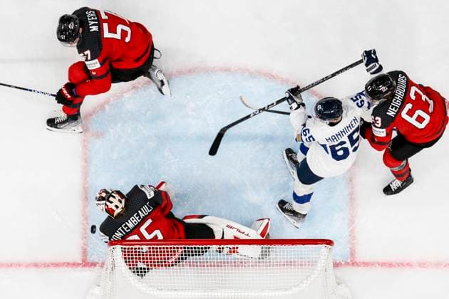 Sam Montembeault 35, CAN, Sakari Manninen, Jake Neighbours 63, CAN, Tyler Myers 57, CAN during the 2023 IIHF Ice hockey, Eishockey World Championship, WM, Weltmeisterschaft Group A match between Canada and Finland at the Nokia Arena on 25. May 2023 in Tampere, Finland. (Tomi Hänninen Newspix24) Copyright: xTomixHänninenx np24252057983