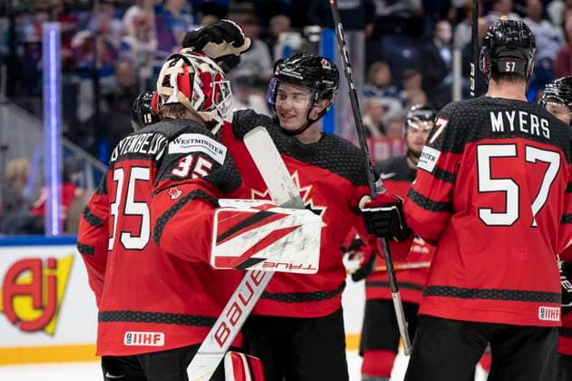 Sam Montembeault 35, CAN, Tyler Myers 57, CAN after the 2023 IIHF Ice hockey, Eishockey World Championship, WM, Weltmeisterschaft Group A match between Canada and Finland at the Nokia Arena on 25. May 2023 in Tampere, Finland. (Tomi Hänninen Newspix24)  Copyright: xTomixHänninenx np24252057987