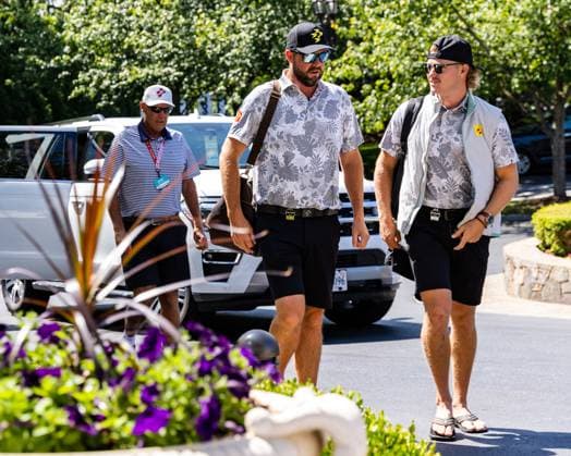 May 26, 2023, Potomac Falls, Virginia, USA: MARC LEISHMAN and JEDIAH MORGAN arrive for the first round of the LIV Golf DC event at Trump National Golf Club. Potomac Falls USA - ZUMAb237 20230526_znp_b237_012 Copyright: xRobertxBlakleyx