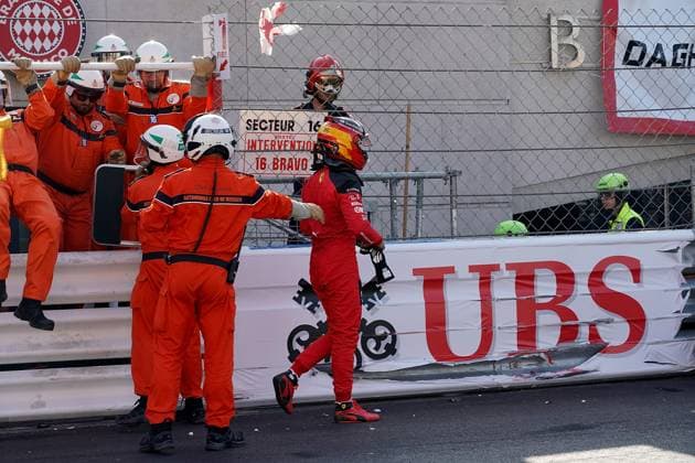 Formula 1 Grand Prix Monaco 2023 26 05 2023, Circuit de Monaco, Monte Carlo, Formula 1 Grand Prix Monaco 2023 ,in the picture accident of Carlos Sainz Jr ESP , Scuderia Ferrari in the last chicane before start finish nordphotoxGmbHx xBratic nph00250