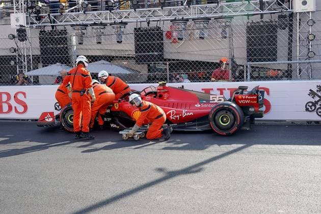 Formula 1 Grand Prix Monaco 2023 26 05 2023, Circuit de Monaco, Monte Carlo, Formula 1 Grand Prix Monaco 2023 ,in the picture accident of Carlos Sainz Jr ESP , Scuderia Ferrari in the last chicane before start finish nordphotoxGmbHx xBratic nph00250