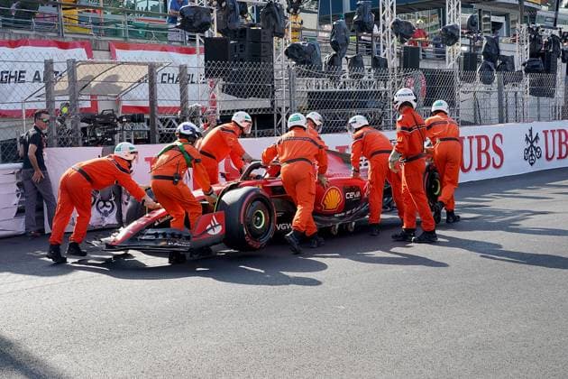 Formula 1 Grand Prix Monaco 2023 26 05 2023, Circuit de Monaco, Monte Carlo, Formula 1 Grand Prix Monaco 2023 ,in the picture accident of Carlos Sainz Jr ESP , Scuderia Ferrari in the last chicane before start finish nordphotoxGmbHx xBratic nph00250
