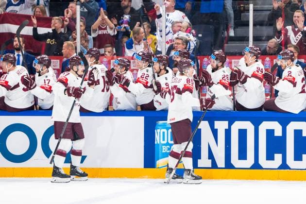 RIGA, LATVIA MAY 27 Dans Locmelis of Latvia R celebrates his goal during the 2023 IIHF Ice Hockey World Championship Finland game between Canada and Latvia at Nokia Arena on May 27, 2023 in Tampere, Finland Tampere Finland  Copyright: xJustPictures.ch JarixPestelaccix