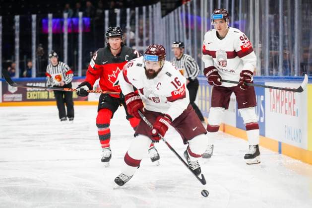 Kaspars Daugavins 16, LAT, Tyler Toffoli 73, CAN and Kristians Rubins 94, LAT during the 2023 IIHF Ice hockey, Eishockey World Championship, WM, Weltmeisterschaft Semifinal match between Canada - Latvia at the Nokia Arena on 27. May 2023 in Tampere, Finland. (KALLE PARKKINEN Newspix24)  Copyright: xKallexParkkinenx np24271458268