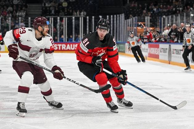 RIGA, LATVIA MAY 27 Adam Fantilli of Canada in action against Ralfs Freibergs of Latvia during the 2023 IIHF Ice Hockey World Championship Finland game between Canada and Latvia at Nokia Arena on May 27, 2023 in Tampere, Finland Tampere Finland  Copyright: xJustPictures.ch AndreaxBrancax