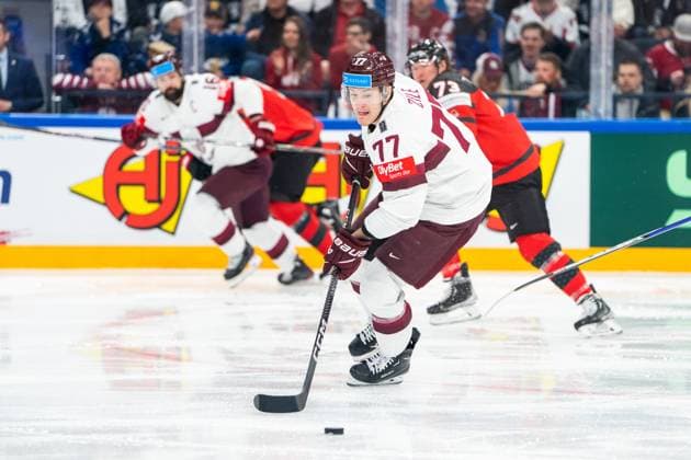 RIGA, LATVIA MAY 27 Kristaps Roberts Zile of Latvia in action during the 2023 IIHF Ice Hockey World Championship Finland Latvia game between Canada and Latvia at Nokia Arena on May 27, 2023 in Tampere, Finland Tampere Finland  Copyright: xJustPictures.ch JarixPestelaccix