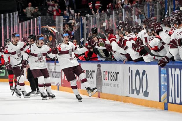 RIGA, LATVIA MAY 27 Dans Locmelis of Latvia celebrate after scoring a goal during the 2023 IIHF Ice Hockey World Championship Finland Latvia game between Canada and Latvia at Nokia Arena on May 27, 2023 in Tampere, Finland Tampere Finland  Copyright: xJustPictures.ch AndreaxBrancax
