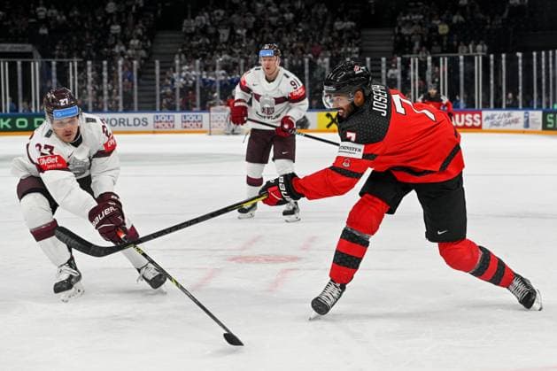 RIGA, LATVIA MAY 27 Pierre Olivier Joseph of Canada shoots the puck during the 2023 IIHF Ice Hockey World Championship Finland Latvia game between Canada and Latvia at Nokia Arena on May 27, 2023 in Tampere, Finland Tampere Finland  Copyright: xJustPictures.ch AndreaxBrancax