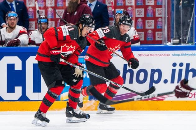 RIGA, LATVIA MAY 27 foot control by Jack Mcbain of Canada L during the 2023 IIHF Ice Hockey World Championship Finland Latvia game between Canada and Latvia at Nokia Arena on May 27, 2023 in Tampere, Finland Tampere Finland  Copyright: xJustPictures.ch JarixPestelaccix