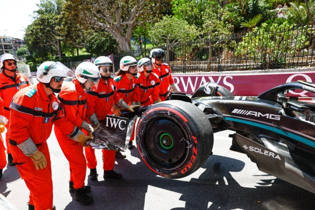 Damaged car of 44 Lewis Hamilton GBR, Mercedes AMG Petronas F1 Team , F1 Grand Prix of Monaco at Circuit de Monaco on May 27, 2023 in Monte Carlo, Monaco Photo by HOCH ZWEI Monte Carlo Monaco
