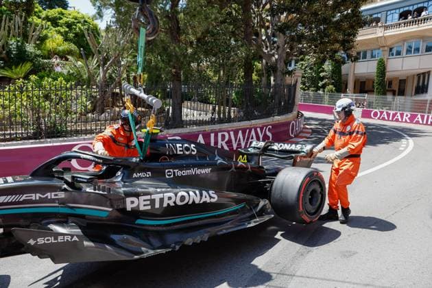 Damaged car of 44 Lewis Hamilton GBR, Mercedes AMG Petronas F1 Team , F1 Grand Prix of Monaco at Circuit de Monaco on May 27, 2023 in Monte Carlo, Monaco Photo by HOCH ZWEI Monte Carlo Monaco