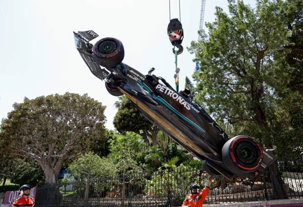 Damaged car of 44 Lewis Hamilton GBR, Mercedes AMG Petronas F1 Team , F1 Grand Prix of Monaco at Circuit de Monaco on May 27, 2023 in Monte Carlo, Monaco Photo by HOCH ZWEI Monte Carlo Monaco