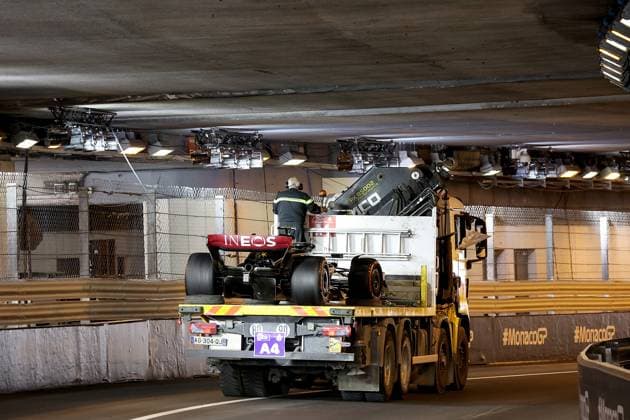 Formula 1 Grand Prix Monaco 2023 27 05 2023, Circuit de Monaco, Monte Carlo, Formula 1 Grand Prix Monaco 2023 ,in picture accident failure of Lewis Hamilton GBR , Mercedes AMG Petronas Formula One Team nordphotoxGmbHx xBratic nph00250
