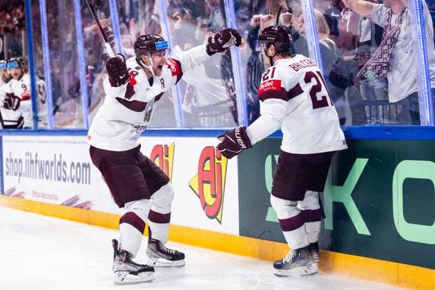 230527 Rodrigo Abols and Rudolfs Balcers of Latvia celebrates after 1 2 during the 2023 IIHF Ice Hockey World Championship semifinal game between Canada and Latvia on May 27, 2023 in Tampere Photo Joel Marklund BILDBYRAN kod JM JM0485 bbeng ishockey ice hockey ice hockey vm 2023 ishockey vm vm vm 2023 iihf ice hockey world championship semifinal semi final canada canada latvia lettland jubel  Copyright: JOELxMARKLUND BB230527JM033