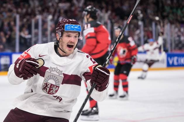 230527 Rudolfs Balcers of Latvia celebrates scoring the 1 2 goal during the 2023 IIHF Ice Hockey World Championship semifinal game between Canada and Latvia on May 27, 2023 in Tampere Photo Joel Marklund BILDBYRAN kod JM JM0485 bbeng ishockey ice hockey ice hockey ishockey vm 2023 ishockey vm vm vm 2023 iihf ice hockey world championship semifinal semi final kanada canada latvia lettland jubel  Copyright: JOELxMARKLUND BB230527JM042