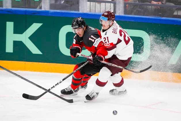 Jack Mcbain 11, CAN and Rudolfs Balcers 21, LAT during the 2023 IIHF Ice hockey, Eishockey World Championship, WM, Weltmeisterschaft Semifinal match between Canada - Latvia at the Nokia Arena on 27. May 2023 in Tampere, Finland. (KALLE PARKKINEN Newspix24)  Copyright: xKallexParkkinenx np24271558277