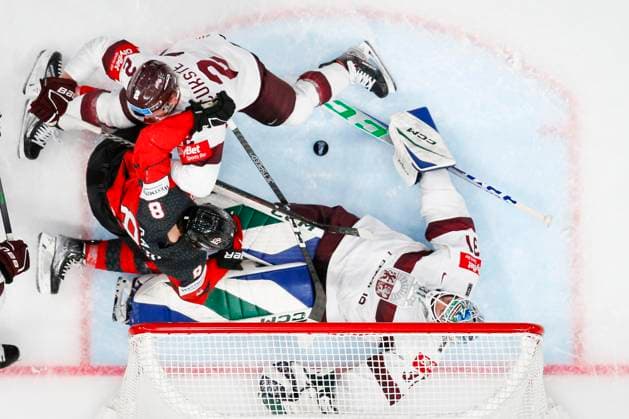 Karlis Cukste 2, LAT, <can 8< and Arturs Silovs 31, LAT during the 2023 IIHF Ice hockey, Eishockey World Championship, WM, Weltmeisterschaft Semifinal match between Canada - Latvia at the Nokia Arena on 27. May 2023 in Tampere, Finland. (KALLE PARKKINEN Newspix24)  Copyright: xKallexParkkinenx np24271558292