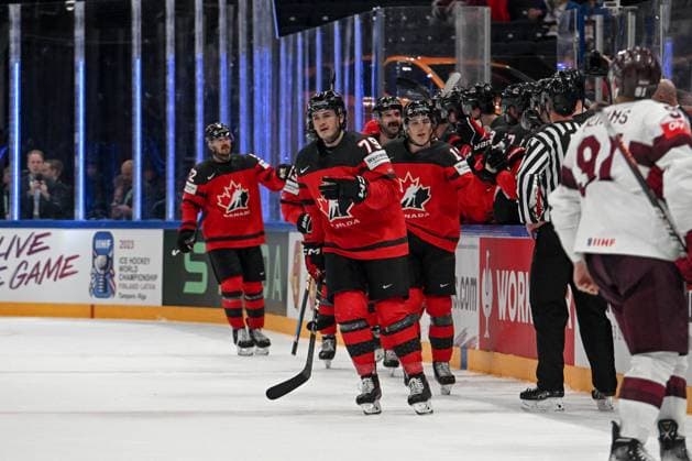 RIGA, LATVIA MAY 27 Samuel Blais of Canada celebrate after scoring a goal during the 2023 IIHF Ice Hockey World Championship Finland game between Canada and Latvia at Nokia Arena on May 27, 2023 in Tampere, Finland Tampere Finland  Copyright: xJustPictures.ch AndreaxBrancax