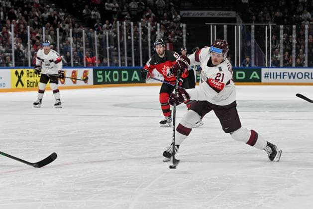 RIGA, LATVIA MAY 27 Rudolfs Balcers of Latvia shoots the puck during the 2023 IIHF Ice Hockey World Championship Finland game between Canada and Latvia at Nokia Arena on May 27, 2023 in Tampere, Finland Tampere Finland  Copyright: xJustPictures.ch AndreaxBrancax