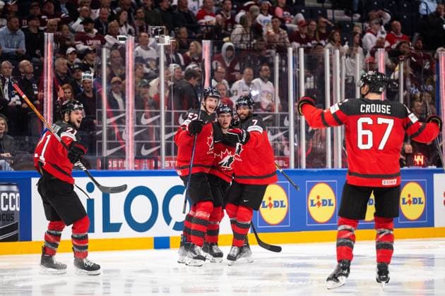 230527 Scott Laughton, Tyler Myers, Jack Quinn, Pierre Olivier Joseph and Lawson Crouse of Canada celebrate after 2 2 during the 2023 IIHF Ice Hockey World Championship semifinal game between Canada and Latvia on May 27, 2023 in Tampere Photo Joel Marklund BILDBYRAN kod JM JM0485 bbeng ishockey ice hockey ishockey vm 2023 ishockey vm vm vm 2023 iihf ice hockey world championship semifinal semi final kanada canada latvia lettland jubel  Copyright: JOELxMARKLUND BB230527JM044